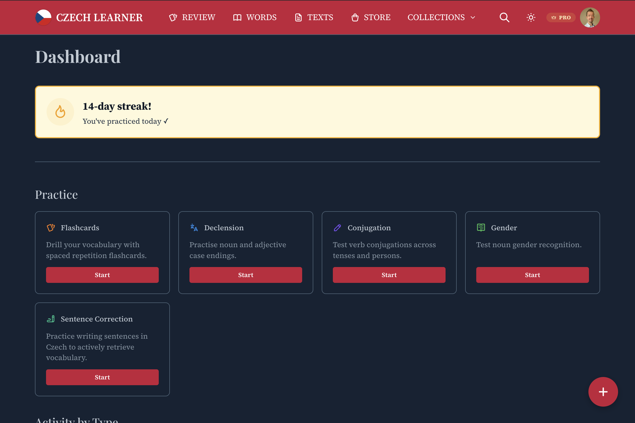 Czech Learner dashboard showing streak tracker and practice mode cards