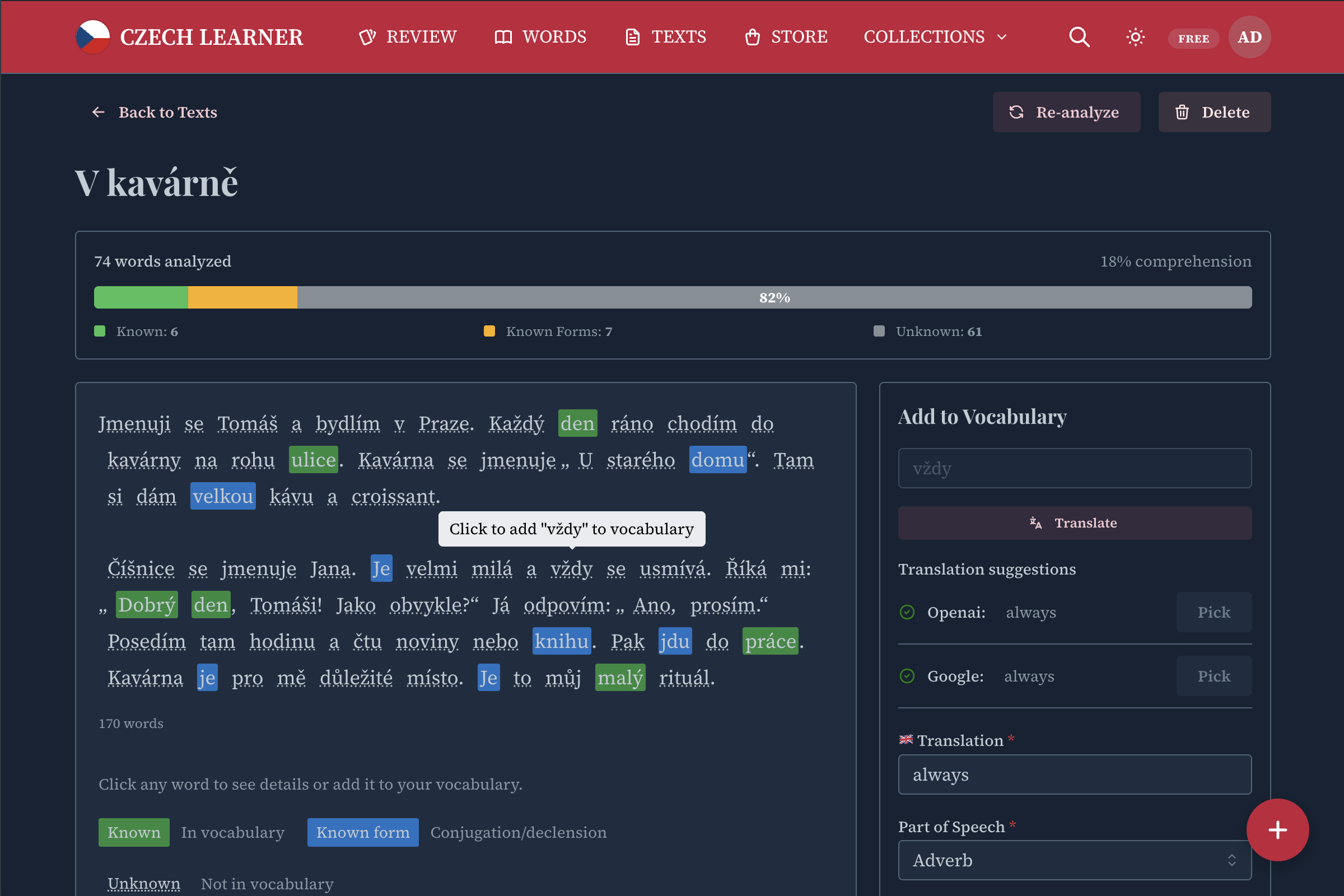 Czech text reader with colour-coded known and unknown words highlighted