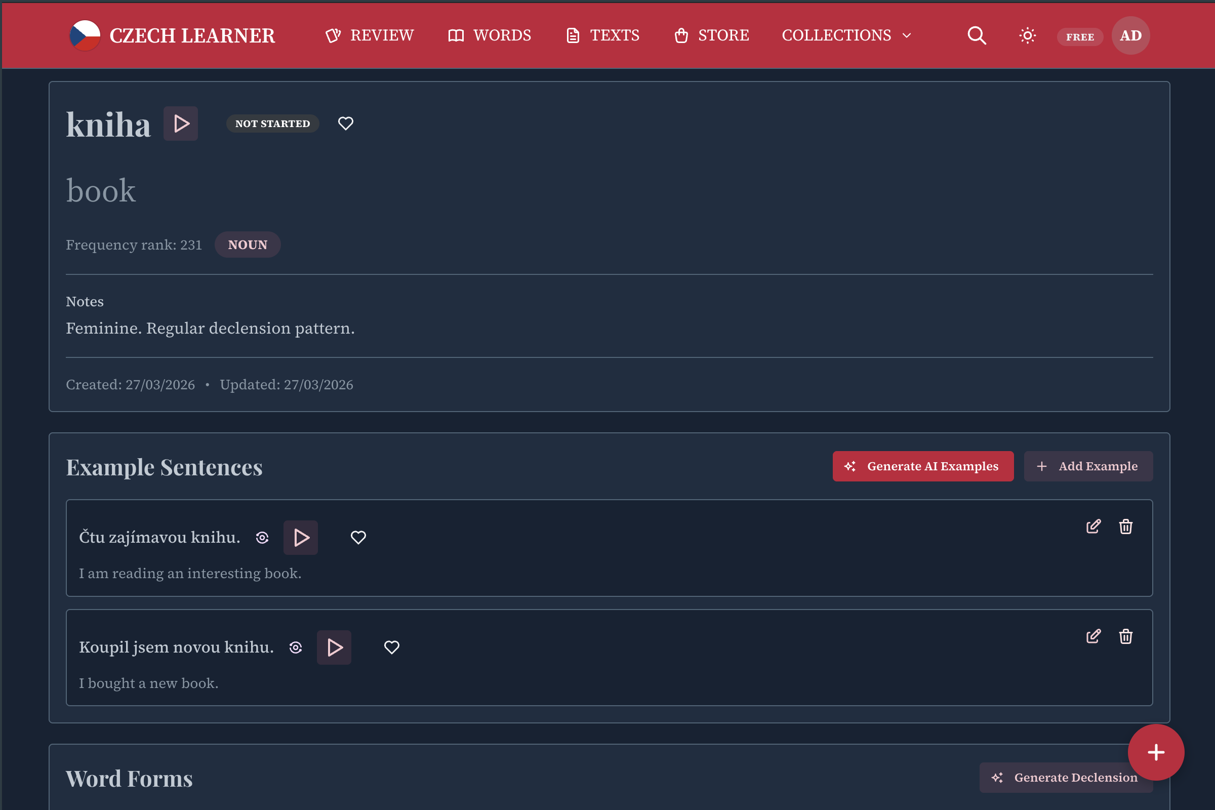 Word detail page showing AI-generated Czech declension table with all 7 cases